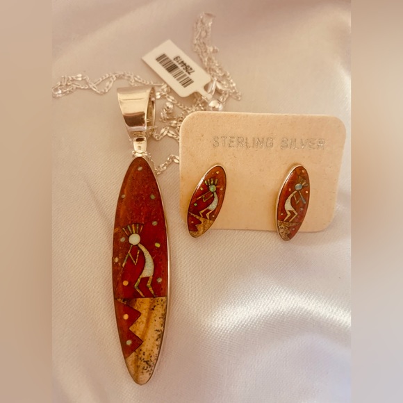 Coral & Multi Gemstone Kokopelli Earrings and Pendant on 24" adjustable SS Chain - Picture 6 of 14